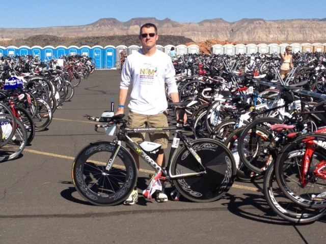 Posing with the Rocket Bike at bike check-in at T1 before I put it on the rack