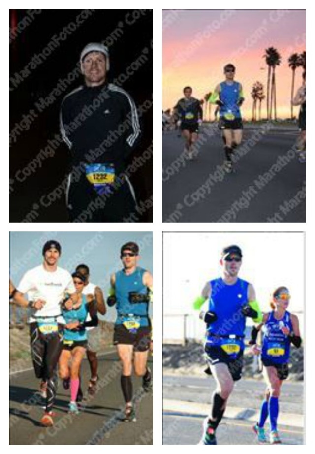 While I wait for the downloads from MarathonFoto, here is a montage of proof snippets. Clockwise from upper left: 1. Prerace smiles. 2. Sunrise along the beach. 3. The group I settled in with (the woman is Dolores, and she got third place for the women... and is turning 50 soon!). 4. Me and the former women course record holder (she later dropped out as she was using this race as a training session)